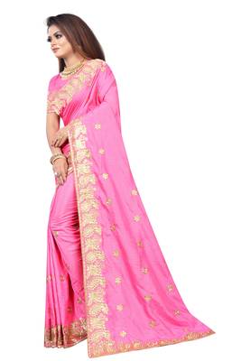 Pink Embriodered Vichitra Silk Blend Saree With Embriodered Blouse Piece. 2