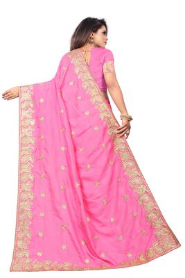 Pink Embriodered Vichitra Silk Blend Saree With Embriodered Blouse Piece. 3