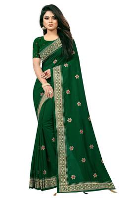 Bottle Green Embriodered Vichitra Silk Saree With Embriodered Blouse Piece. 1