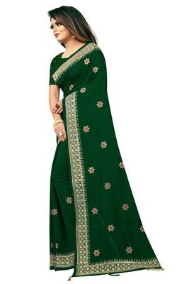 Bottle Green Embriodered Vichitra Silk Saree With Embriodered Blouse Piece. 2
