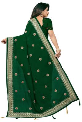 Bottle Green Embriodered Vichitra Silk Saree With Embriodered Blouse Piece. 3