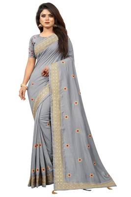 Gray Vichitra Silk Embriodered Saree With Embriodered Blouse Piece. 1