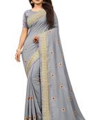 Gray Vichitra Silk Embriodered Saree With Embriodered Blouse Piece.