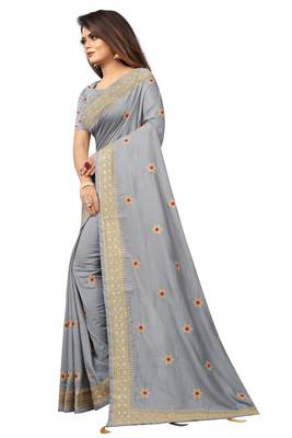 Gray Vichitra Silk Embriodered Saree With Embriodered Blouse Piece. 2