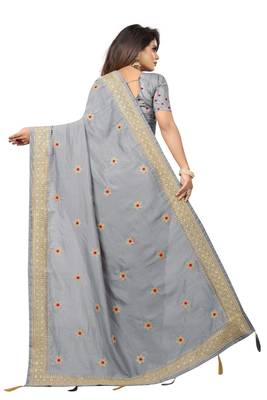 Gray Vichitra Silk Embriodered Saree With Embriodered Blouse Piece. 3