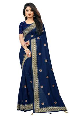 Navy Blue Embriodered Vichitra Silk Saree With Blouse Piece. 1