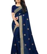 Navy Blue Embriodered Vichitra Silk Saree With Blouse Piece.