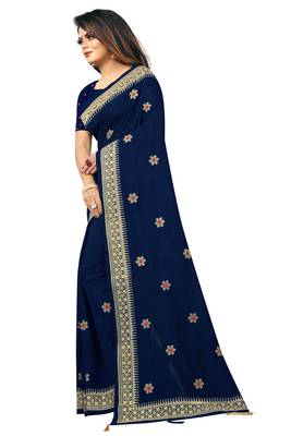 Navy Blue Embriodered Vichitra Silk Saree With Blouse Piece. 2