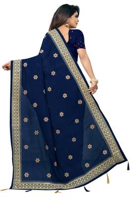 Navy Blue Embriodered Vichitra Silk Saree With Blouse Piece. 3