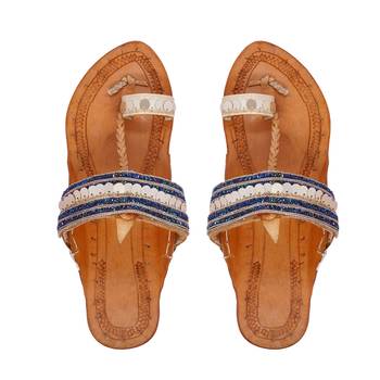Blue & Golden Embellished Kolhapuri Chappal For Women & Girls 1