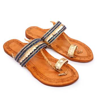 Blue & Golden Embellished Kolhapuri Chappal For Women & Girls 2