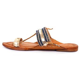 Blue & Golden Embellished Kolhapuri Chappal For Women & Girls 4
