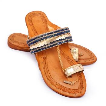 Blue & Golden Embellished Kolhapuri Chappal For Women & Girls 5