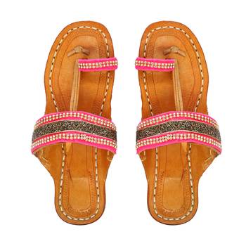 Pink & Golden Embellished Kolhapuri Chappal For Women & Girls 1