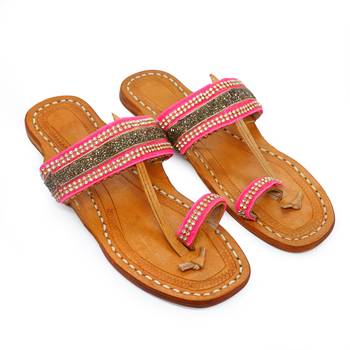 Pink & Golden Embellished Kolhapuri Chappal For Women & Girls 2