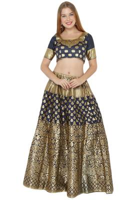 Navy-blue self design art silk semi stitched lehenga choli 1