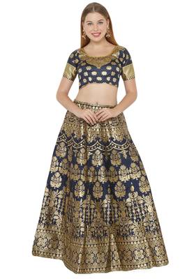 Navy-blue self design art silk semi stitched lehenga choli 1