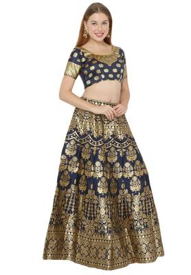Navy-blue self design art silk semi stitched lehenga choli 3