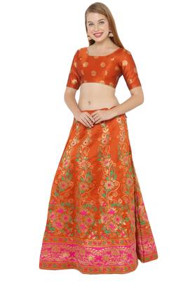 Orange self design art silk semi stitched lehenga choli 3