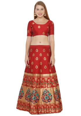 Red self design art silk semi stitched lehenga choli 1