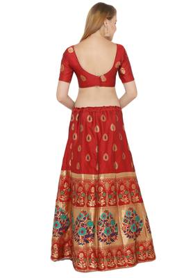 Red self design art silk semi stitched lehenga choli 2