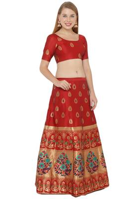 Red self design art silk semi stitched lehenga choli 3