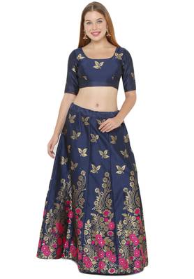 Navy-blue self design art silk semi stitched lehenga choli 1