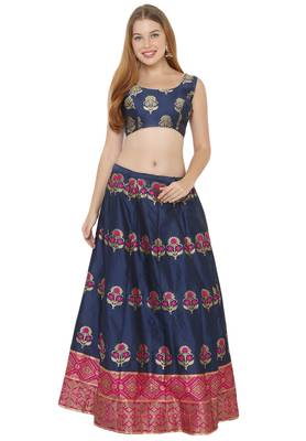 Navy-blue self design art silk semi stitched lehenga choli 1