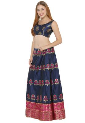 Navy-blue self design art silk semi stitched lehenga choli 3