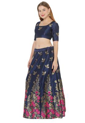 Navy-blue self design art silk semi stitched lehenga choli 3
