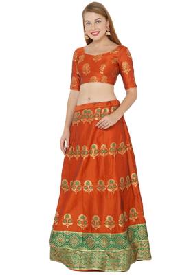 Orange self design art silk semi stitched lehenga choli 3