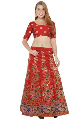 Red self design art silk semi stitched lehenga choli 1