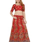 Red self design art silk semi stitched lehenga choli