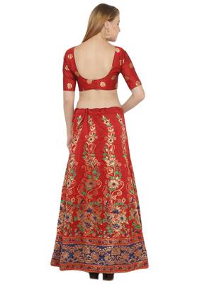 Red self design art silk semi stitched lehenga choli 2