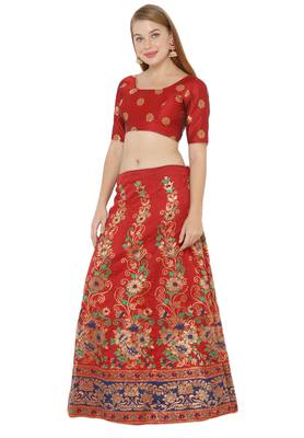 Red self design art silk semi stitched lehenga choli 3