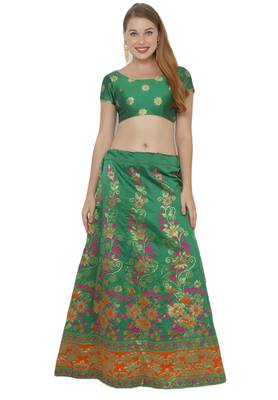 Green self design art silk semi stitched lehenga choli 1