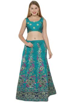 Blue self design art silk semi stitched lehenga