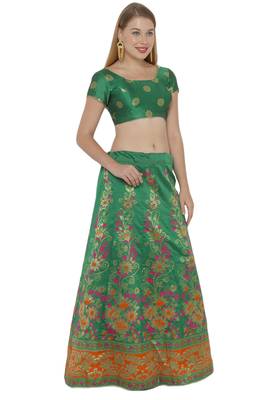 Green self design art silk semi stitched lehenga choli 3