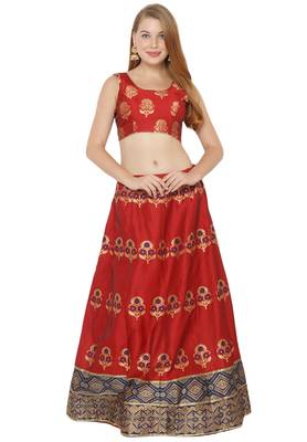 Red self design art silk semi stitched lehenga choli 1