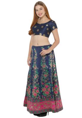 Navy-blue self design art silk semi stitched lehenga choli 3