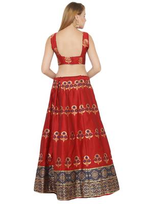 Red self design art silk semi stitched lehenga choli 2