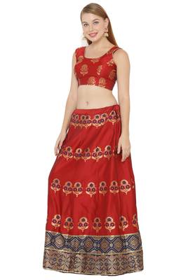 Red self design art silk semi stitched lehenga choli 3