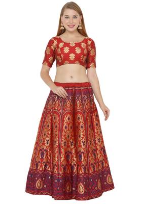Red self design art silk semi stitched lehenga choli 1