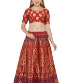 Red self design art silk semi stitched lehenga choli