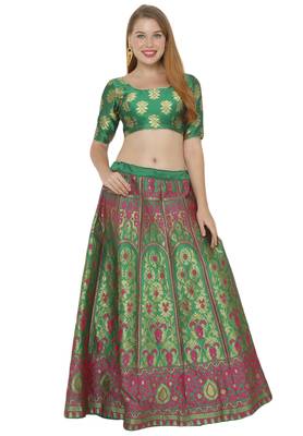 Green self design art silk semi stitched lehenga choli 1