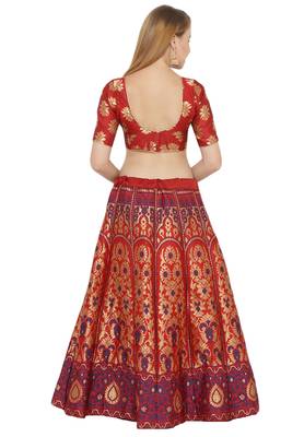 Red self design art silk semi stitched lehenga choli 2