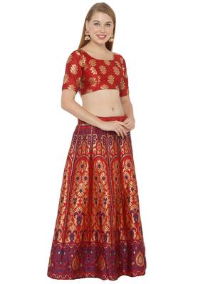 Red self design art silk semi stitched lehenga choli 3