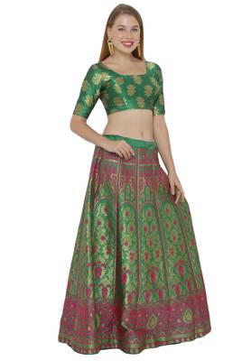 Green self design art silk semi stitched lehenga choli 3