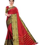 Red Cotton Silk Saree With Golden Border With Blouse