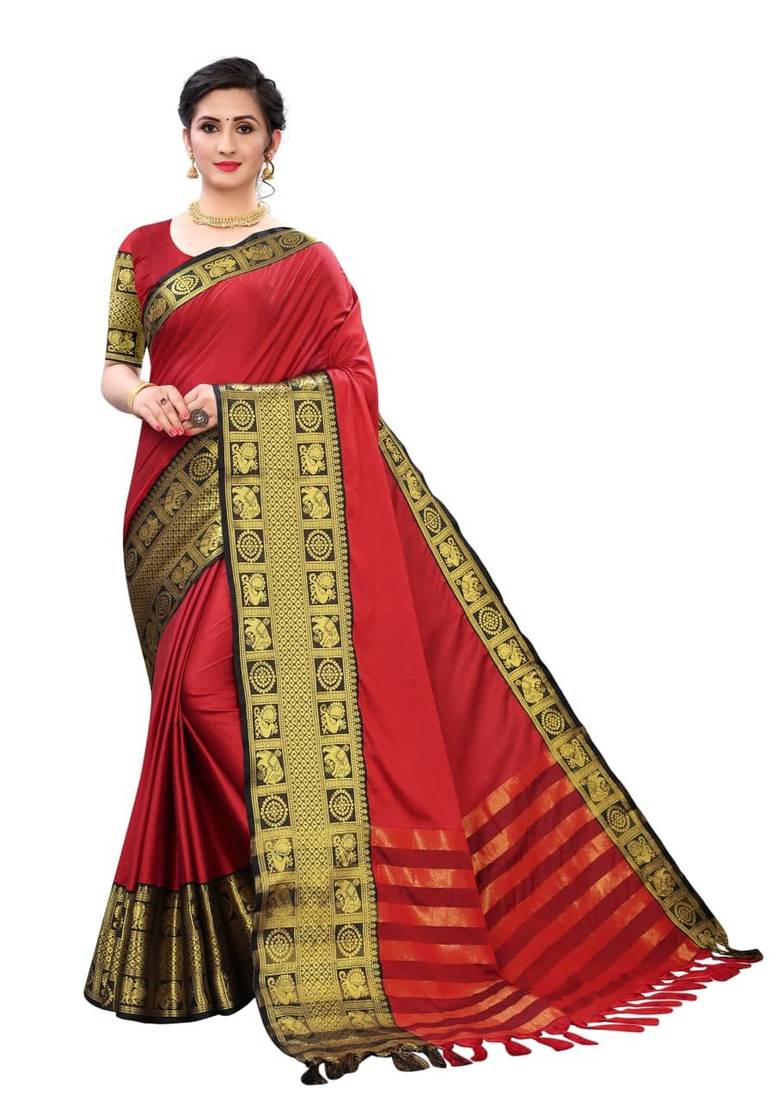 Red Cotton Silk Saree With Golden Border With Blouse